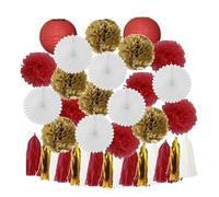 Pompon en papier Boy Birthday Party Favor Hanging Paper Lantern Fan Wedding Decor Blue White Set Tissue Pompom Tassel(Gold Red Set)
