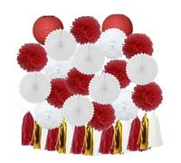 Pompon en papier Boy Birthday Party Favor Hanging Paper Lantern Fan Wedding Decor Blue White Set Tissue Pompom Tassel(Red Set)