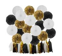 Pompon en papier Boy Birthday Party Favor Hanging Paper Lantern Fan Wedding Decor Blue White Set Tissue Pompom Tassel(Gold Black Set)