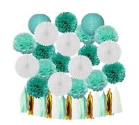 Pompon en papier Boy Birthday Party Favor Hanging Paper Lantern Fan Wedding Decor Blue White Set Tissue Pompom Tassel(Mint Set)