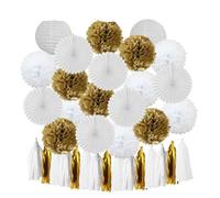Pompon en papier Boy Birthday Party Favor Hanging Paper Lantern Fan Wedding Decor Blue White Set Tissue Pompom Tassel(Gold White Set)