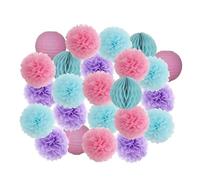 Pompon en papier Lanterne ronde en papier pliable for fête d'anniversaire, baptême, mariage, pompon, rose et blanc(Pink Blue Purple,12inch(30cm))