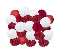Pompon en papier Lot de 24 pompons en papier à suspendre for fête, anniversaire, mariage, garçon ou fille, bleu foncé, décoration d'événements, lanternes blanches(Red Set,Small-8inch(20cm))