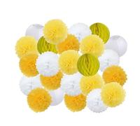 Pompon en papier Lot de 24 pompons en papier à suspendre for fête, anniversaire, mariage, garçon ou fille, bleu foncé, décoration d'événements, lanternes blanches(Yellow Set,Small-8inch(20cm))