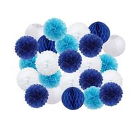 Pompon en papier Lot de 24 pompons en papier à suspendre for fête, anniversaire, mariage, garçon ou fille, bleu foncé, décoration d'événements, lanternes blanches(Dark Blue Set,Small-8inch(20cm))
