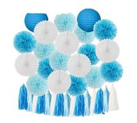 Pompons Boy Birthday Party Favor Hanging Paper Lantern Fan Wedding Decor Blue White Set Tissue Pompom Tassel(Blue Set)