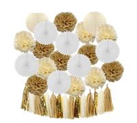 Pompons Boy Birthday Party Favor Hanging Paper Lantern Fan Wedding Decor Blue White Set Tissue Pompom Tassel(Beige Set)