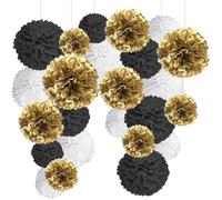 Pompons Fleurs Or Noir Blanc Décoration Pompoms en Papier de Soie. Deco Anniversaire, Nouvel An -24 Pcs-