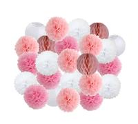 Pompons Multicolore Lot de 24 pompons en papier à suspendre for fête, anniversaire, mariage, garçon ou fille, bleu foncé, décoration d'événements, lanternes blanches(Pink Set,Mini-6inch(15cm))