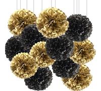 Pompons Papier de Soie,12 Pièces Papier Fleur Pompon Noir et Or,pour fête décoration, Plafond, Mur,Mariage, décoration de fête d'anniversaire