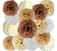 Pompons Papier de Soie,15 Pièces Papier Fleur Pompon Brun, Beige, Blanc,pour fête décoration, Plafond, Mur,Boho Mariage, décoration de fête d'anniversaire
