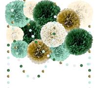 Pompons Papier de Soie et Guirlande (15 Pièces), Fleurs en Papier pour Décoration Anniversaire Jungle, Déco Mariage Champêtre, Baptême Garçon, Baby Shower Vert Sauge Or