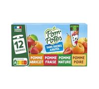 POM'POTES Compote sans sucres ajoutés 12 gourdes de 90g - Assortiment pomme, poire, abricot, fraise - Origine France - Format pratique et familial - Lot de 3