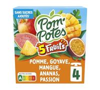Pom'Potes - Compotes 5 Fruits Pomme Goyave Mangue Ananas Passion Sans Sucres Ajoutés - les 4 gourdes de 90g - 360g - Le Lot De 5