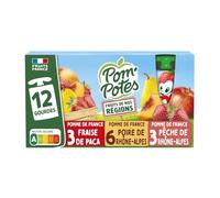 POM'POTES - Compotes Fruits de nos régions pomme pêche, poire, fraise sans sucres ajoutés | Onctueuse et savoureuse | Idéale pour le dessert | les 12 gourdes de 90g | LOT DE 3