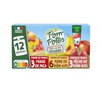 POM'POTES - Compotes Pomme Pêche, Pomme Poire, Pomme Fraise sans Sucres Ajoutés - les 12 gourdes de 90g - 1080g - Le Lot De 4