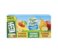 POM'POTES Compotes sans sucres ajoutés - Lot de 32 gourdes de 90g - 3 saveurs : pomme nature, pomme banane, pomme poire - Origine France - Nutri-Score A - Lot de 2