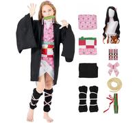 Pomzio Déguisement Nezuko Cosplay Costume Deguisement Cosplay Nezuko Fille Femme Manga Kimono avec Perruque pour Enfant adulte pour Halloween Carnaval, MDZ Enfant 150