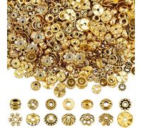 PONABEADIY 1 boîte de 14 Styles 700 pièces de Perles Tibétaines en Alliage avec Trou Strass en Cristal Doré Antique Rondelles Plates Rondes Assortiment de Perles en Forme de Fleur pour la Fabrication