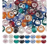 PONABEADIY 1 boîte de 80 Perles à Facettes en Verre Européen de 8mm 14 Couleurs avec Noyau en Laiton Argenté Rondelles Assorties Grand Trou Breloques en Vrac pour la Fabrication de Bijoux Bracelets C