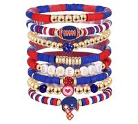 PONABEADIY Bracelet à Breloques Football Américain (Lot de 8) Bleu Blanc Rouge et Or Perles Heishi en Argile Polymère Bracelet Extensible et Élégant Idéal pour les Fans de Rugby Femmes et Hom