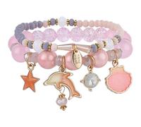 PONABEADIY Bracelet Extensible à Thème Océan Rose avec Pochette à Cordon Orné de Perles en Cristal Dauphin Étoile et Coquillage en Alliage Émaillé. Idéal pour les Fêtes et les Occasions Spéciales. Acc