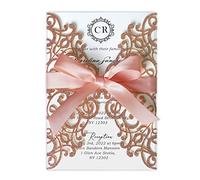 ponatia 25 pcs Laser Cut creux Rose avec perceuse carte d'invitation pour mariage Douche d'anniversaire de fiançailles Graduation Cartes d'invitation Rose Gold Glitter + Burgundy Ribbon