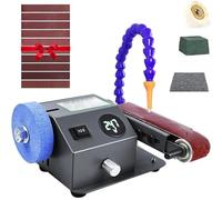 Ponceuse à bande humide, mini affûteuse de couteaux électrique 350 W avec vitesse réglable, 10 bandes abrasives, meuleuse d'établi pour couteau, système d'affûtage humide et sec, machine de polissage