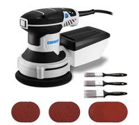 Ponceuse Electrique 300W - DEKOPRO 125mm Ponceuse Excentrique, 6 Vitesses, 14000RPM, Papier Abrasif 16 Pièces, Collecteur de Poussière, Trois Pinceau Plats, pour Surfaces en Bois et Acier,Bleu-gris