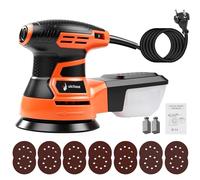 Ponceuse Orbitale Aléatoire Excentrique 125 mm, machine à poncer de 350 W, variateur de vitesse à 6 niveaux jusqu'à 13 000 tr/min, avec bac à poussière et 14 feuilles abrasives