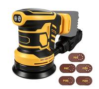 Ponceuse orbitale aléatoire sans balais compatible avec Dewalt 18-20 V, 125 mm Brushelss avec 25 papiers abrasifs, rotation à 6 vitesses max 21 000 tr/min (jaune pour Dewalt)