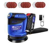 Ponceuse Orbitale Sans Fil 125mm - 3 Niveaux Réglables - Collecteur de Poussière - 12 Papiers de Verre Inclus - Multifonction Bois/Voiture/Métal - Livrée avec Batterie 21V