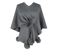 Poncho Cape Femme Hiver Chaud Écharpe Châle Foulard Elégant en Tricot Gilet Cardigan Chic Manteau Épais avec Pompons (Gris, One Size)