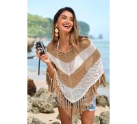 Poncho cover up rayé à col asymétrique et franges Tan cuir M