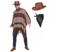 Poncho de cowboy occidental + chapeau Gunslinger + bandana noir : costume de dérive sauvage pour homme