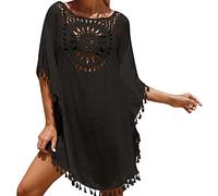 Poncho de plage pour femme - Grandes tailles - Robe de plage avec franges - Paréos et robes de plage - Tunique de plage sexy - Boho - Coton - Robe d'été longue caftan - Poncho de bain, Noir , taille