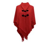 Poncho Femme Châle Cape Chaude Tricot Épais Écharpe Franges Bouton Corne Double Couche Coupe Ample pour Hiver Automne Extérieur