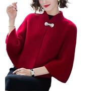 Poncho Femme Ponchos d'hiver en laine cheongsam, capes d'automne for femmes, col montant solide, haut de tempérament à un bouton(Red,M)