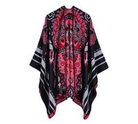 Poncho Femmes - FUNMOON - Simili Laine - Noir - Imprimé Rayure Fleur - 130x150cm M