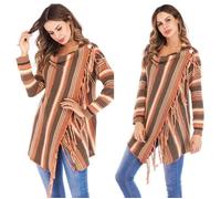 Poncho Femmes - FUNMOON - Stripes Glands - Orange - Automne - Lâche Pull M