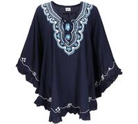 Poncho hippie brodé, tunique, caftan, robe de plage, viscose, gris, bleu nuit, taille unique