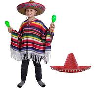 Poncho mexicain lourd pour enfant et SOMBRERO rouge - Déguisement mexicain pour garçon avec grand bandana rouge de l'Ouest sauvage