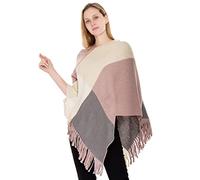 Poncho pour femme avec pompons en tricot châle écharpe à franges pull pull cape pour femme Ponchos chauds en tricot avec pompons Pull en tricot pour femme Poncho tricoté châle à franges, rose, Taille