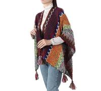 Poncho pour femme imprimé Nationl coloré avec pompons châle tricoté écharpe pashminas à franges pull cape cadeaux pour femmes pull ourlet pompon châle écharpe chaude, Orange, A