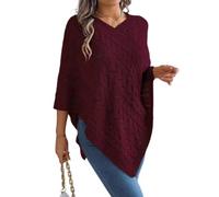 Poncho Pull Femme Maille Torsadée Col V Manches Chauve-Souris (Red,M)
