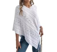 Poncho Pull Femme Maille Torsadée Col V Manches Chauve-Souris (White,M)