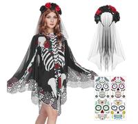 Poncho squelette pour Halloween Jour des morts Rose et bandeau Femmes Adultes Femmes Visage Tatouage Tête de Mort Fantôme Mariée Halloween Déguisement Fête Cosplay Accessoire