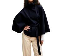 Ponchos à manches chauve-souris pour femmes, manteau en laine, col montant, capes ceinture, veste courte, manteau d'automne tendance décontracté vêtements d'extérieur, bleu marine, M