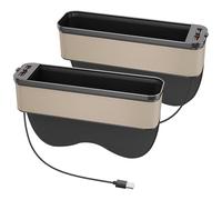 PONDON Boîte de rangement pour espace entre les sièges de voiture avec deux ports de charge USB, organisateur beige pour boissons, articles et accessoires, convient aux sièges avant, lumière LED