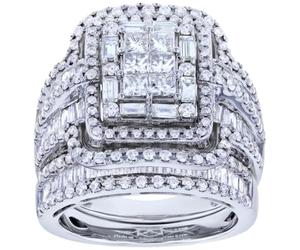 PONDON Ensemble d'alliances pour femme, bague de fiançailles multi-rangs avec strass, bagues de fiançailles pour femme, bague déclaration, alliage argenté, 2 x 1,3 cm